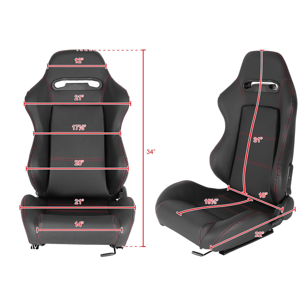 Fully Reclinable Black PVC Leather Red Stitch Bucket Racing Seat w/ Sliders - Driver Side Only