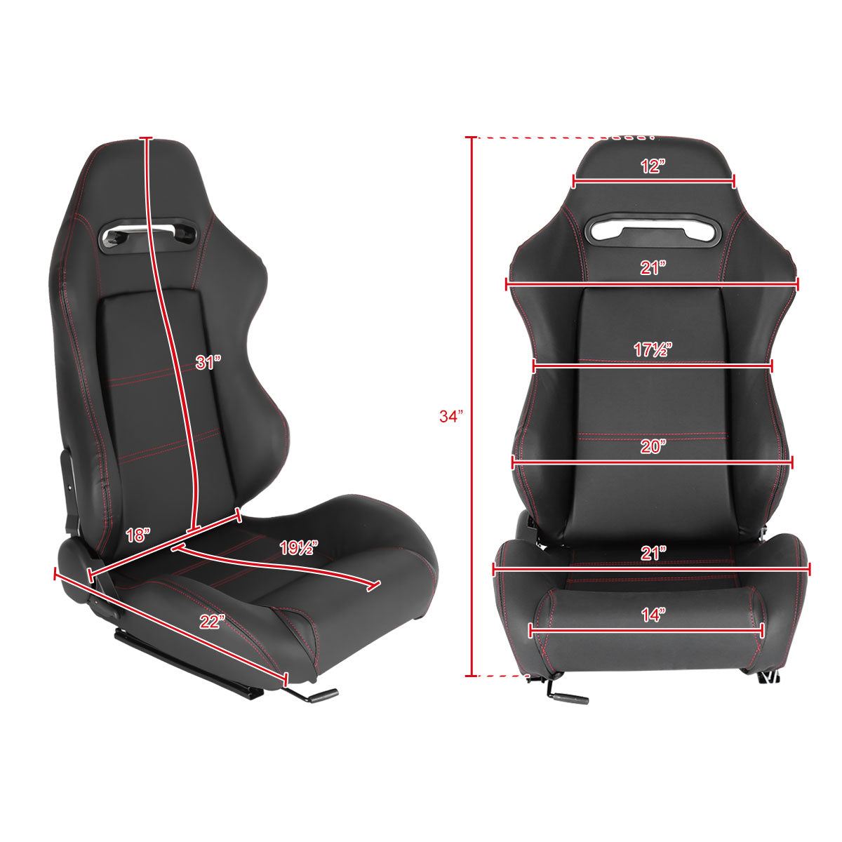 Fully Reclinable Black PVC Leather Red Stitch Bucket Racing Seat w/ Sliders - Passenger Side Only