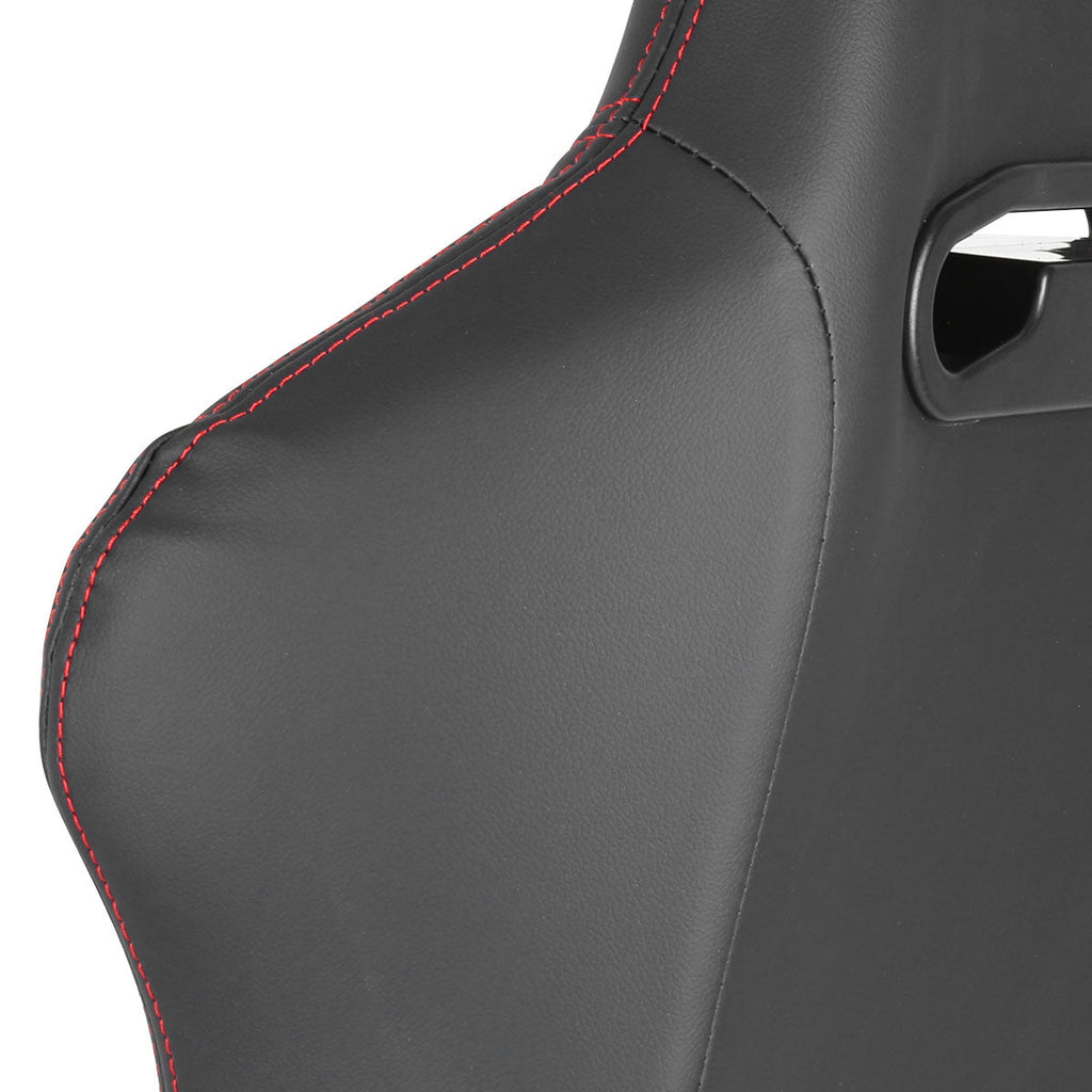 Fully Reclinable Black PVC Leather Red Stitch Bucket Racing Seat w/ Sliders - Passenger Side Only