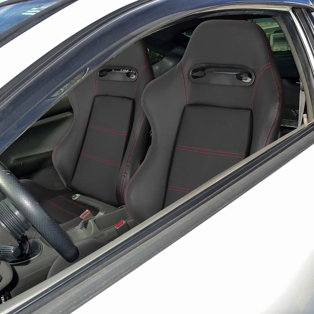Fully Reclinable Black PVC Leather Red Stitch Bucket Racing Seat w/ Sliders - Passenger Side Only