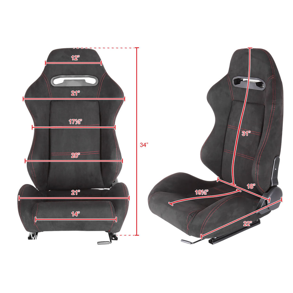Fully Reclinable Black Suede Red Stitch Bucket Racing Seat w/ Sliders - Driver Side Only