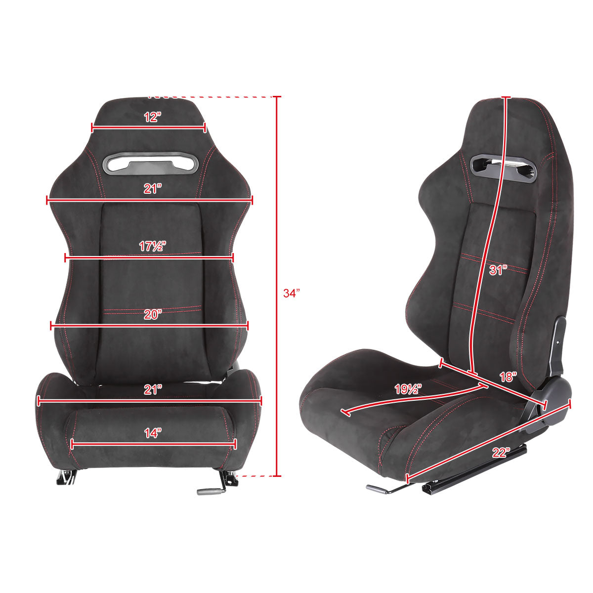 Fully Reclinable Black Suede Red Stitch Bucket Racing Seat w/ Sliders - Driver Side Only