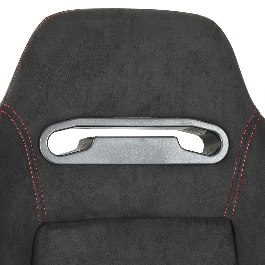 Fully Reclinable Black Suede Red Stitch Bucket Racing Seat w/ Sliders - Driver Side Only