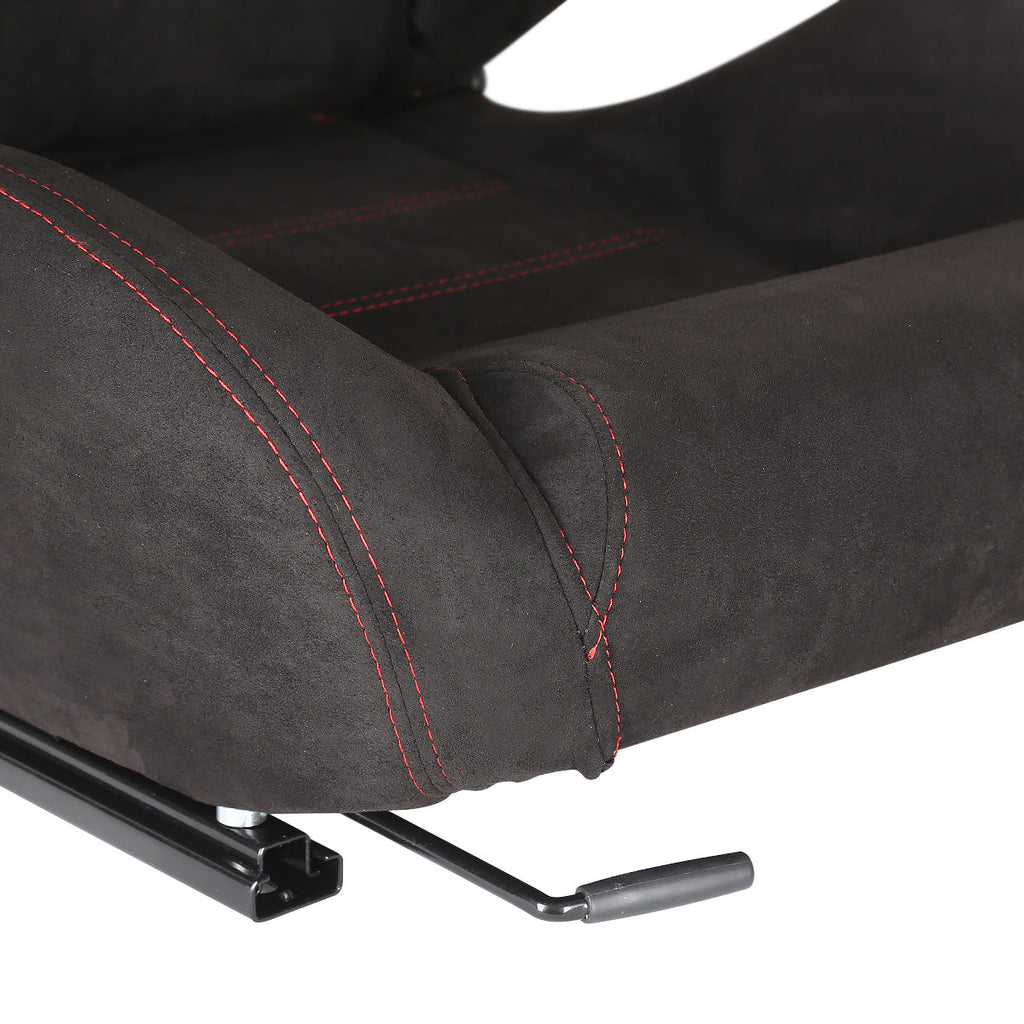 Fully Reclinable Black Suede Red Stitch Bucket Racing Seat w/ Sliders - Driver Side Only