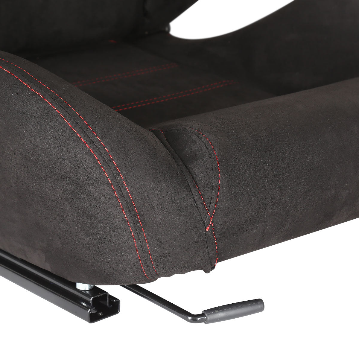 Fully Reclinable Black Suede Red Stitch Bucket Racing Seat w/ Sliders - Driver Side Only