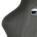 Fully Reclinable Black Suede Red Stitch Bucket Racing Seat w/ Sliders - Driver Side Only