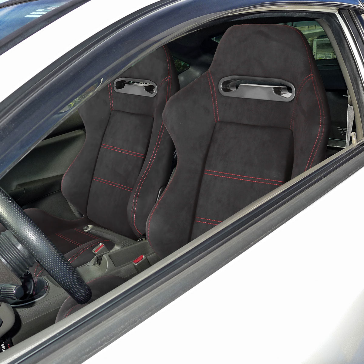 Fully Reclinable Black Suede Red Stitch Bucket Racing Seat w/ Sliders - Driver Side Only