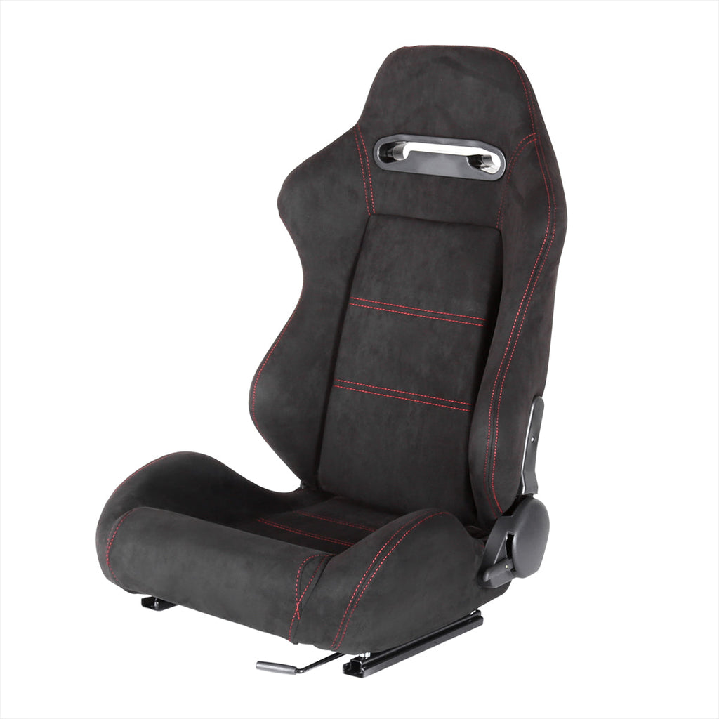Fully Reclinable Black Suede Red Stitch Bucket Racing Seat w/ Sliders - Driver Side Only