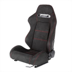 Fully Reclinable Black Suede Red Stitch Bucket Racing Seat w/ Sliders - Driver Side Only