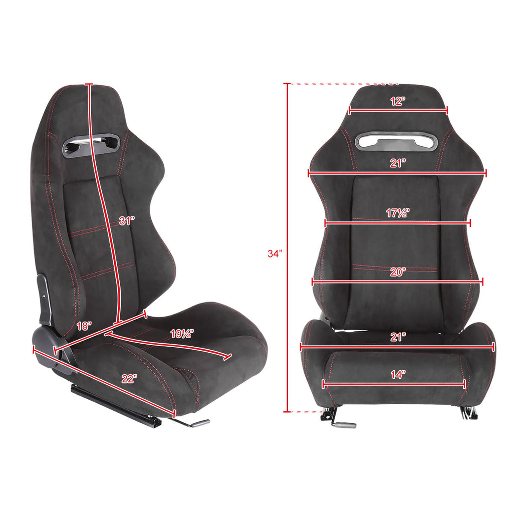 Fully Reclinable Black Suede Red Stitch Bucket Racing Seat w/ Sliders - Passenger Side Only