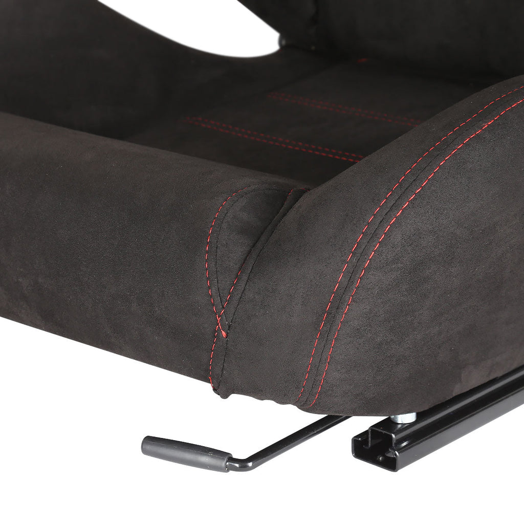 Fully Reclinable Black Suede Red Stitch Bucket Racing Seat w/ Sliders - Passenger Side Only