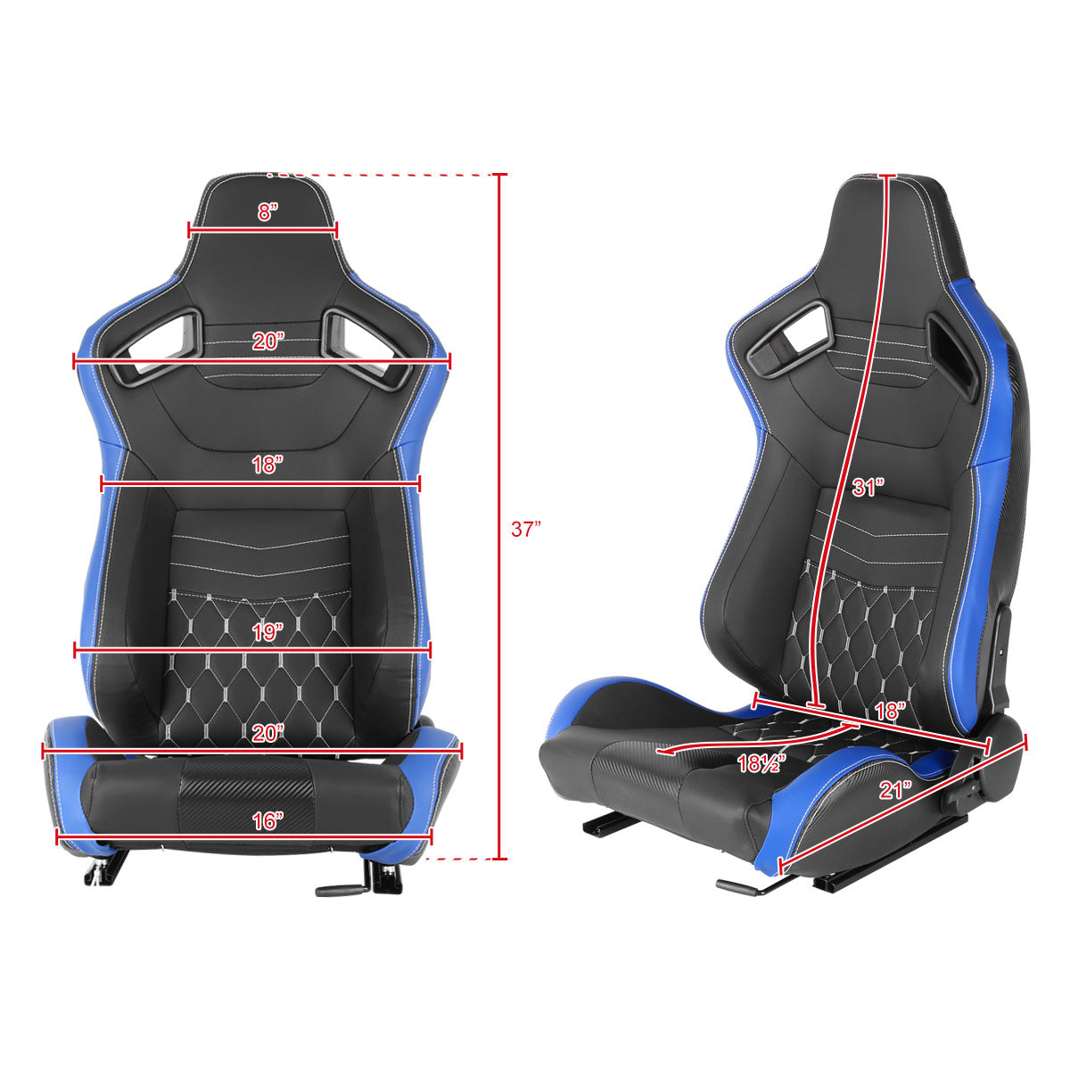 Fully Reclinable Black & Blue PVC Leather White Stitch Bucket Racing Seat w/ Sliders - Driver Side Only