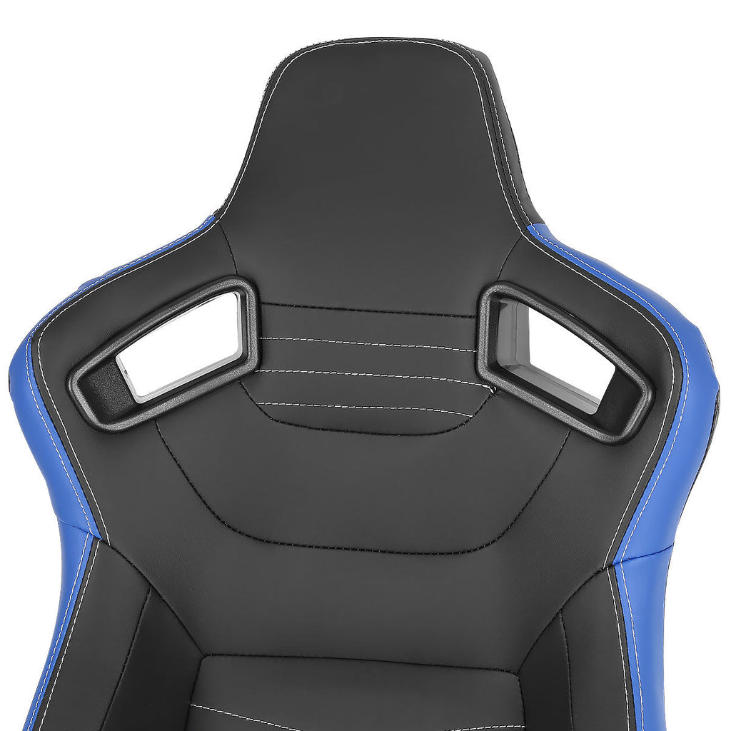 Fully Reclinable Black & Blue PVC Leather White Stitch Bucket Racing Seat w/ Sliders - Driver Side Only