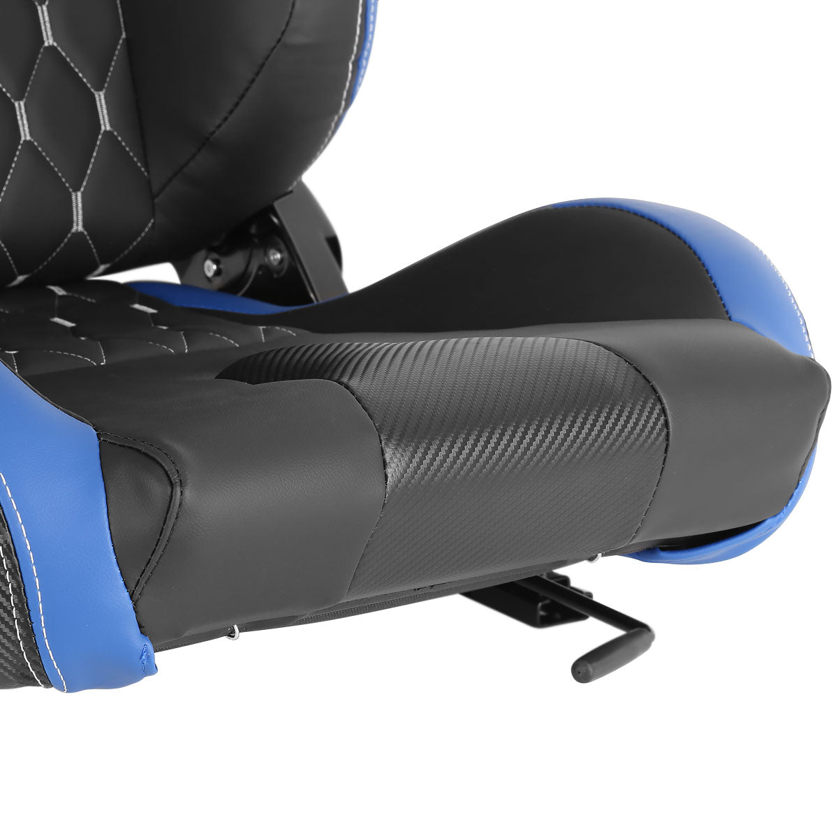 Fully Reclinable Black & Blue PVC Leather White Stitch Bucket Racing Seat w/ Sliders - Driver Side Only