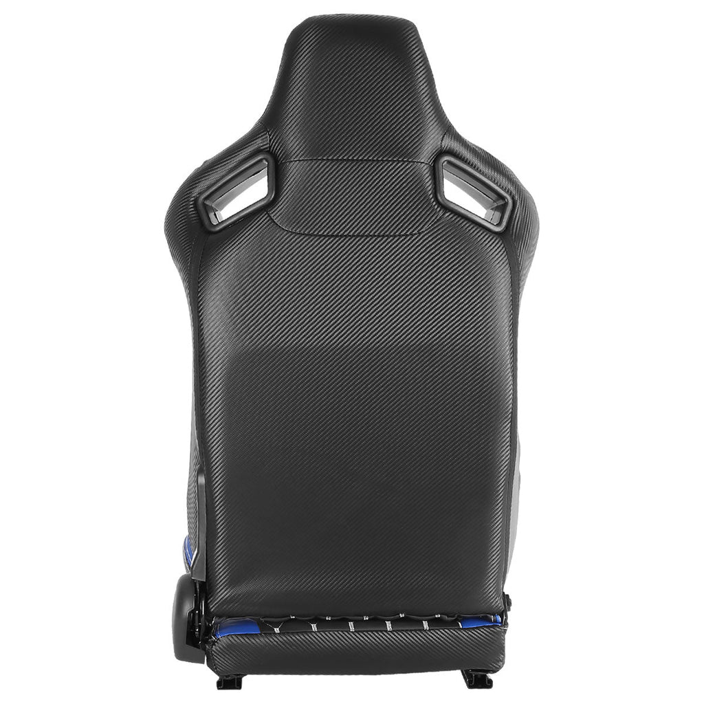 Fully Reclinable Black & Blue PVC Leather White Stitch Bucket Racing Seat w/ Sliders - Driver Side Only