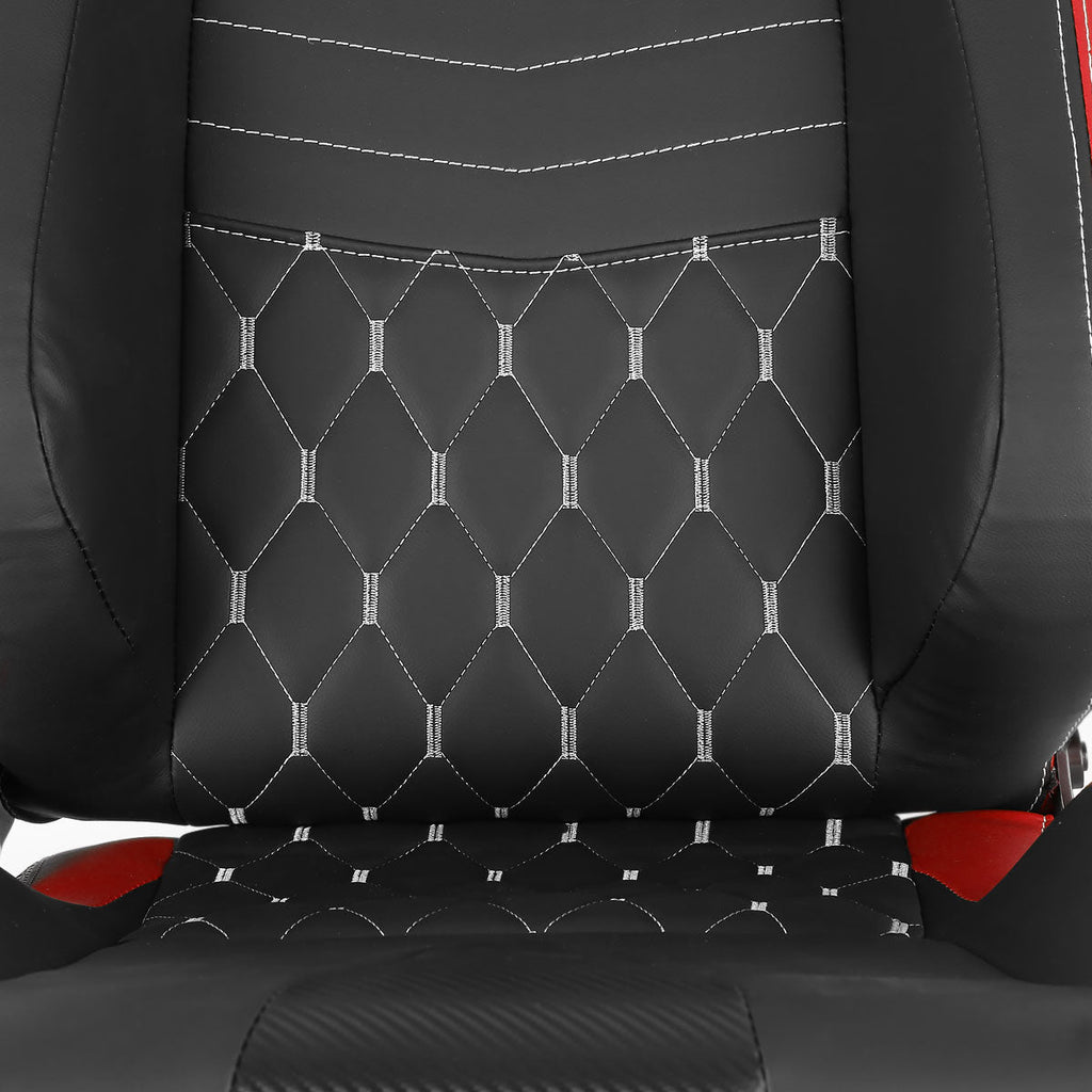 Fully Reclinable Black & Red PVC Leather White Stitch Bucket Racing Seat w/ Sliders - Driver Side Only