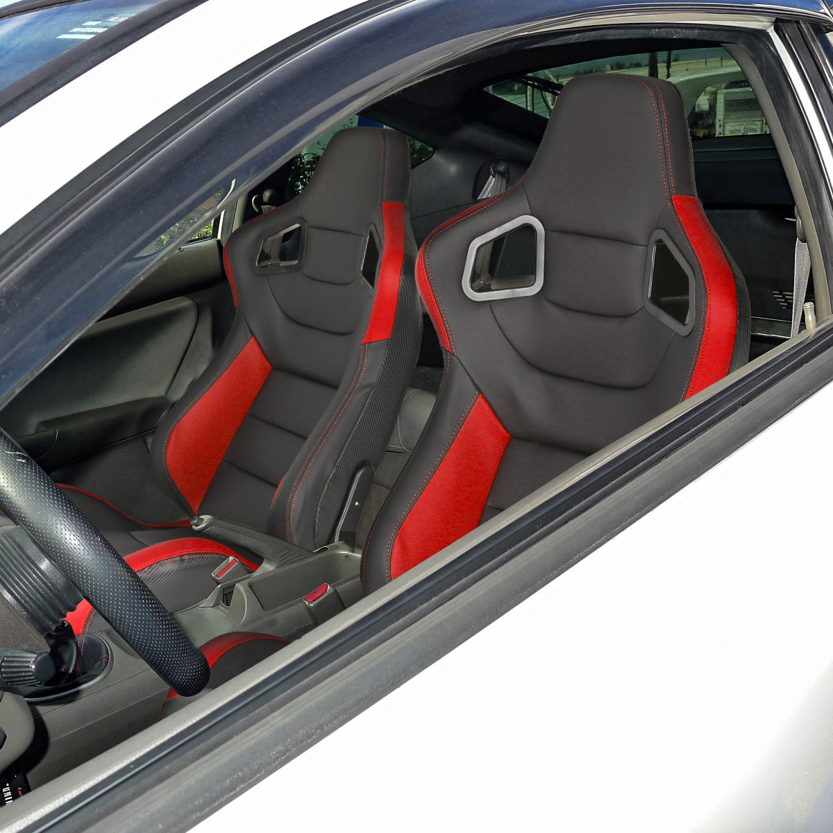 Fully Reclinable Black & Red PVC Leather Carbon Fiber Style Bucket Racing Seat w/ Sliders - Driver Side Only