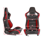 Fully Reclinable Black & Red PVC Leather Carbon Fiber Style Bucket Racing Seat w/ Sliders - Passenger Side Only