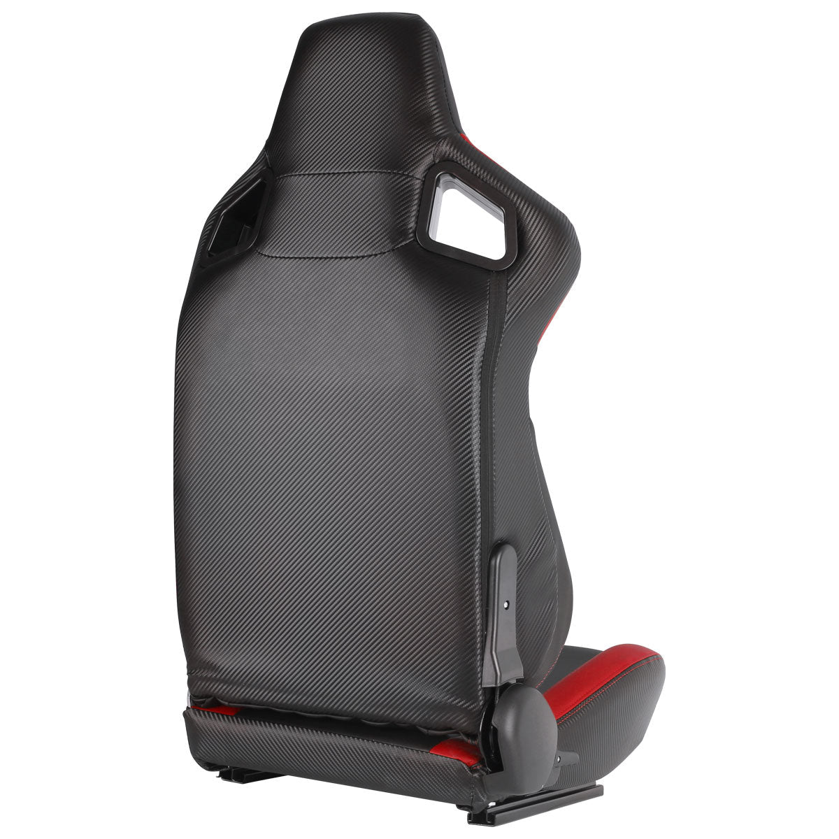 Fully Reclinable Black & Red PVC Leather Carbon Fiber Style Bucket Racing Seat w/ Sliders - Passenger Side Only