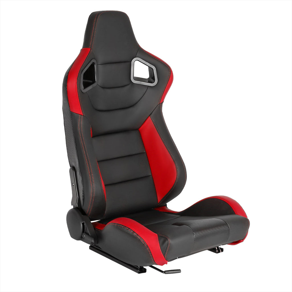 Fully Reclinable Black & Red PVC Leather Carbon Fiber Style Bucket Racing Seat w/ Sliders - Passenger Side Only