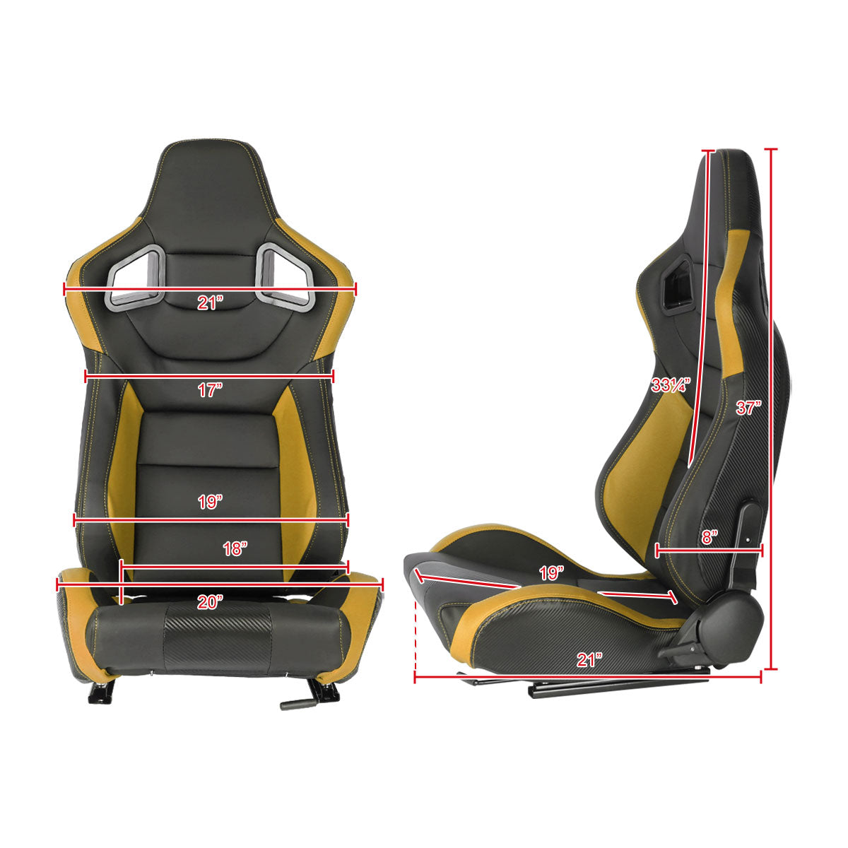 Fully Reclinable Black & Yellow PVC Leather Carbon Fiber Style Bucket Racing Seat w/ Sliders - Driver Side Only