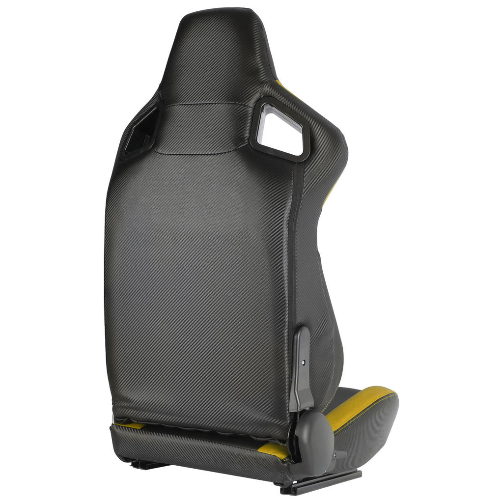 Fully Reclinable Black & Yellow PVC Leather Carbon Fiber Style Bucket Racing Seat w/ Sliders - Passenger Side Only