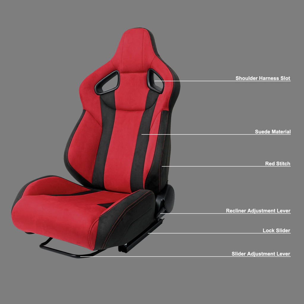 Universal Fully Reclinable Black Red Suede Bucket Racing Seat w/ Sliders - Driver Side Only