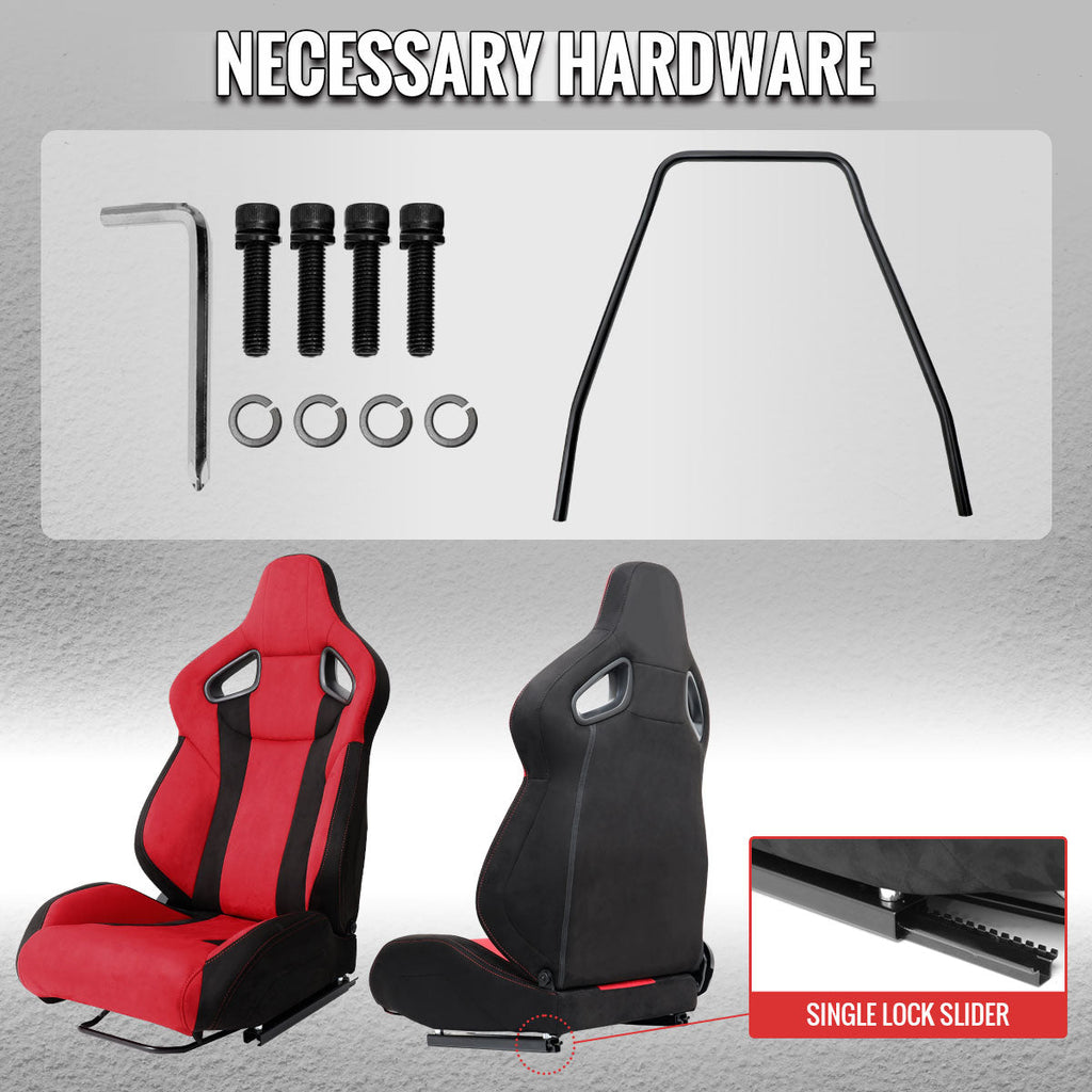 Universal Fully Reclinable Black Red Suede Bucket Racing Seat w/ Sliders - Passenger Side Only