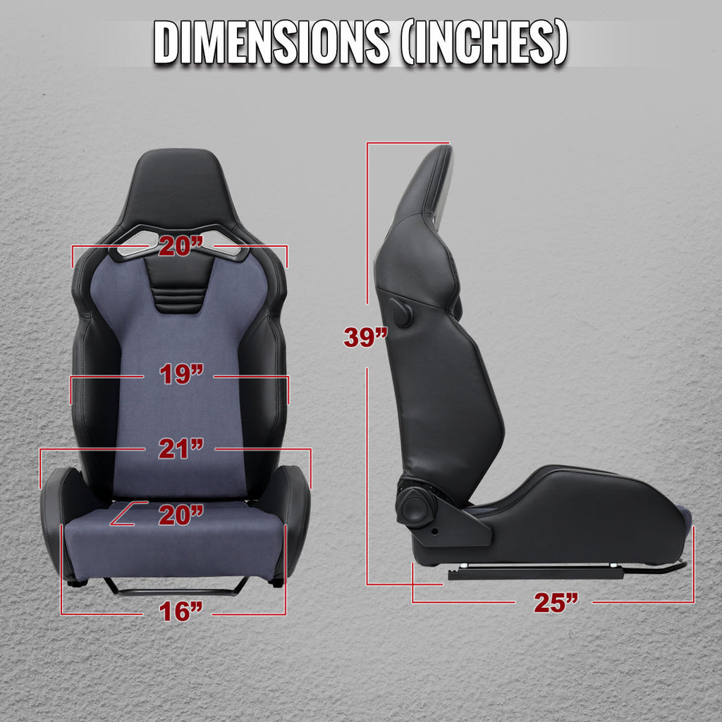 Universal Fully Reclinable Black PU Leather Gray Suede Bucket Racing Seat w/ Sliders - Single Seat
