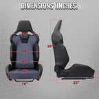 Universal Fully Reclinable Black PU Leather Gray Suede Bucket Racing Seat w/ Sliders - Single Seat