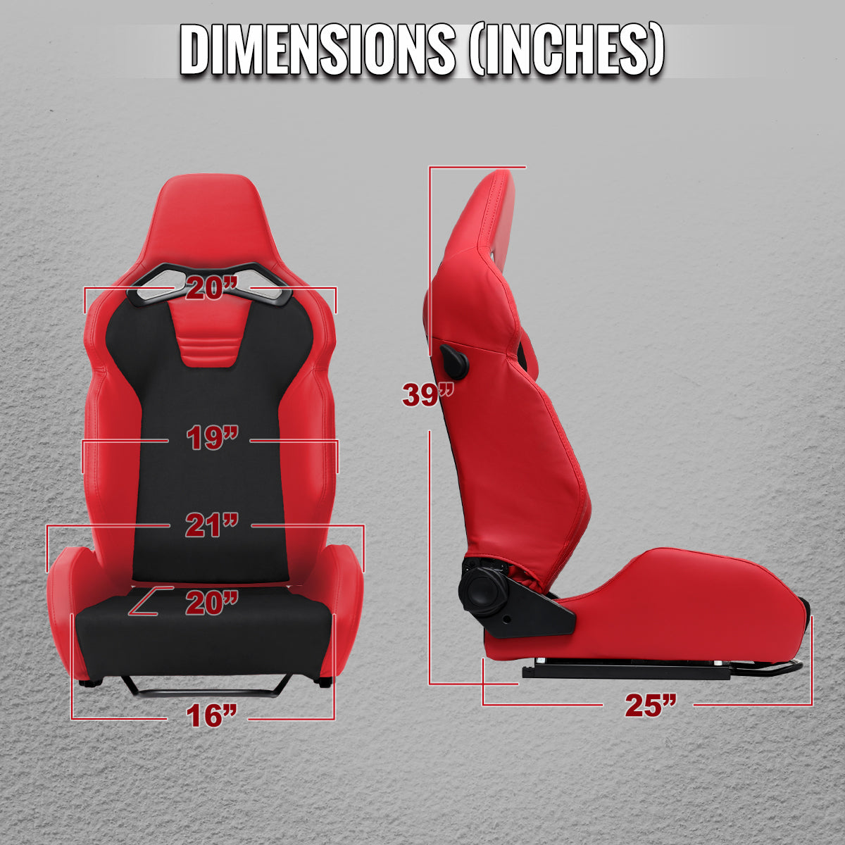 Universal Fully Reclinable Red PU Leather Black Suede Bucket Racing Seat w/ Sliders - Single Seat