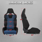 Universal Fully Reclinable Black Suede Blue Mesh Bucket Racing Seat w/ Sliders - Single Seat