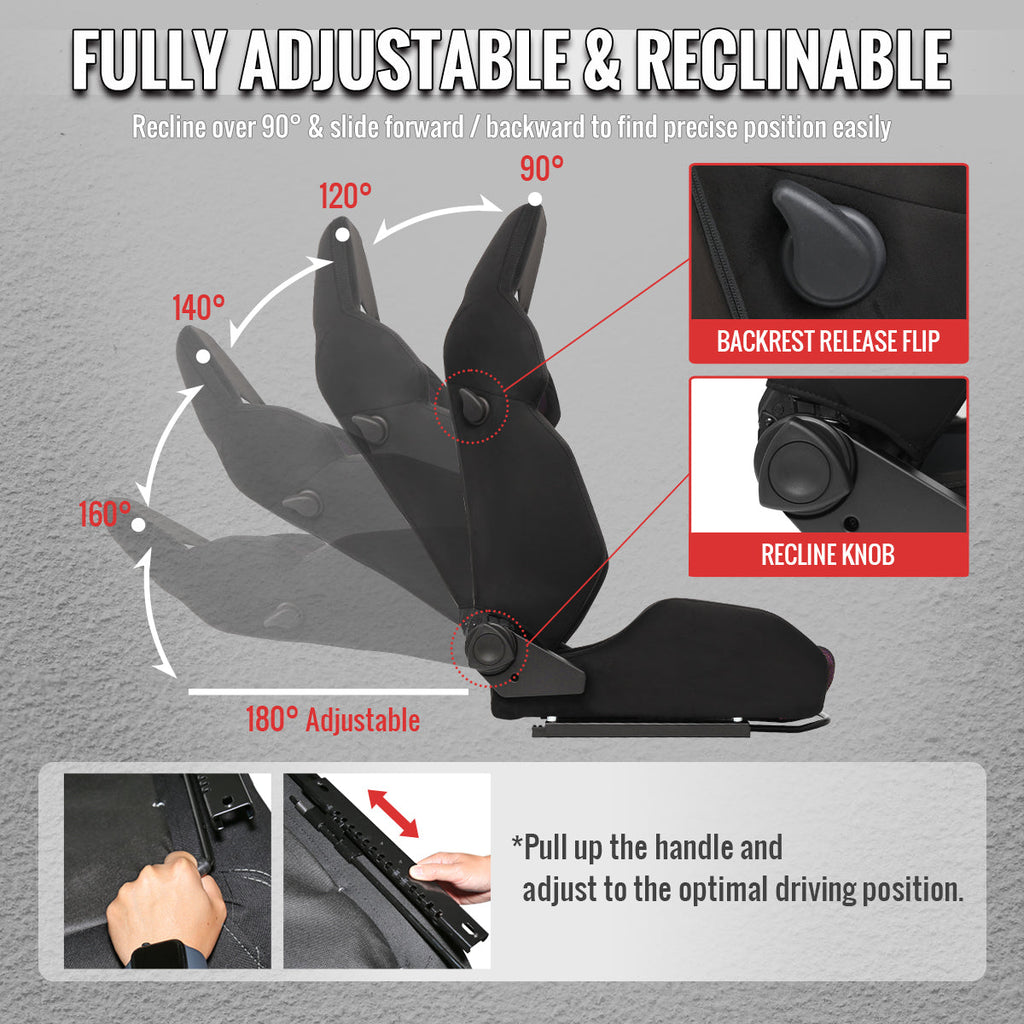 Universal Fully Reclinable Black Suede Red Mesh Bucket Racing Seat w/ Sliders - Single Seat