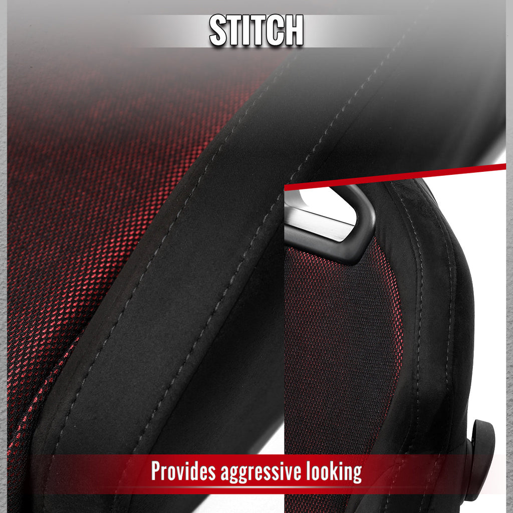 Universal Fully Reclinable Black Suede Red Mesh Bucket Racing Seat w/ Sliders - Single Seat