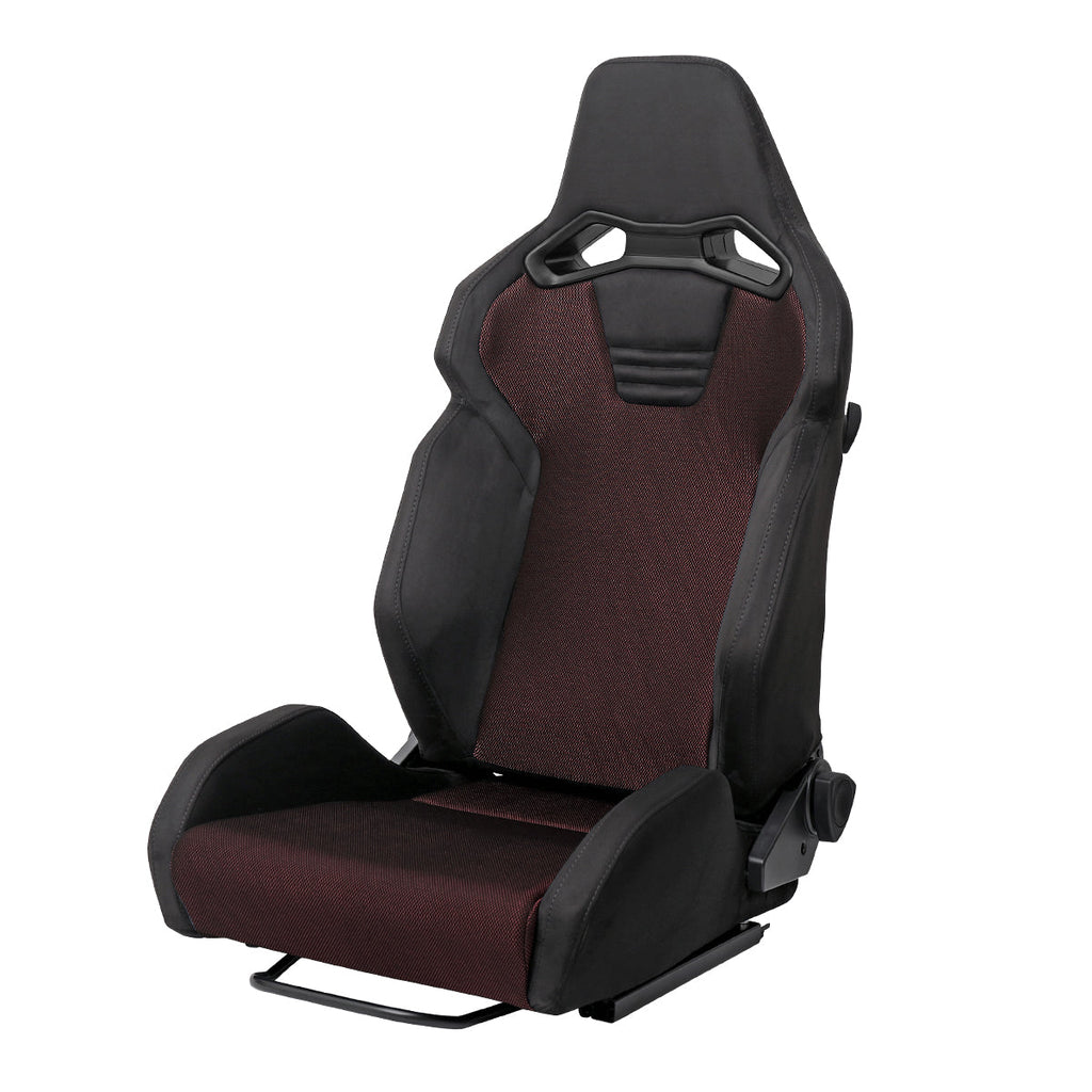 Universal Fully Reclinable Black Suede Red Mesh Bucket Racing Seat w/ Sliders - Single Seat