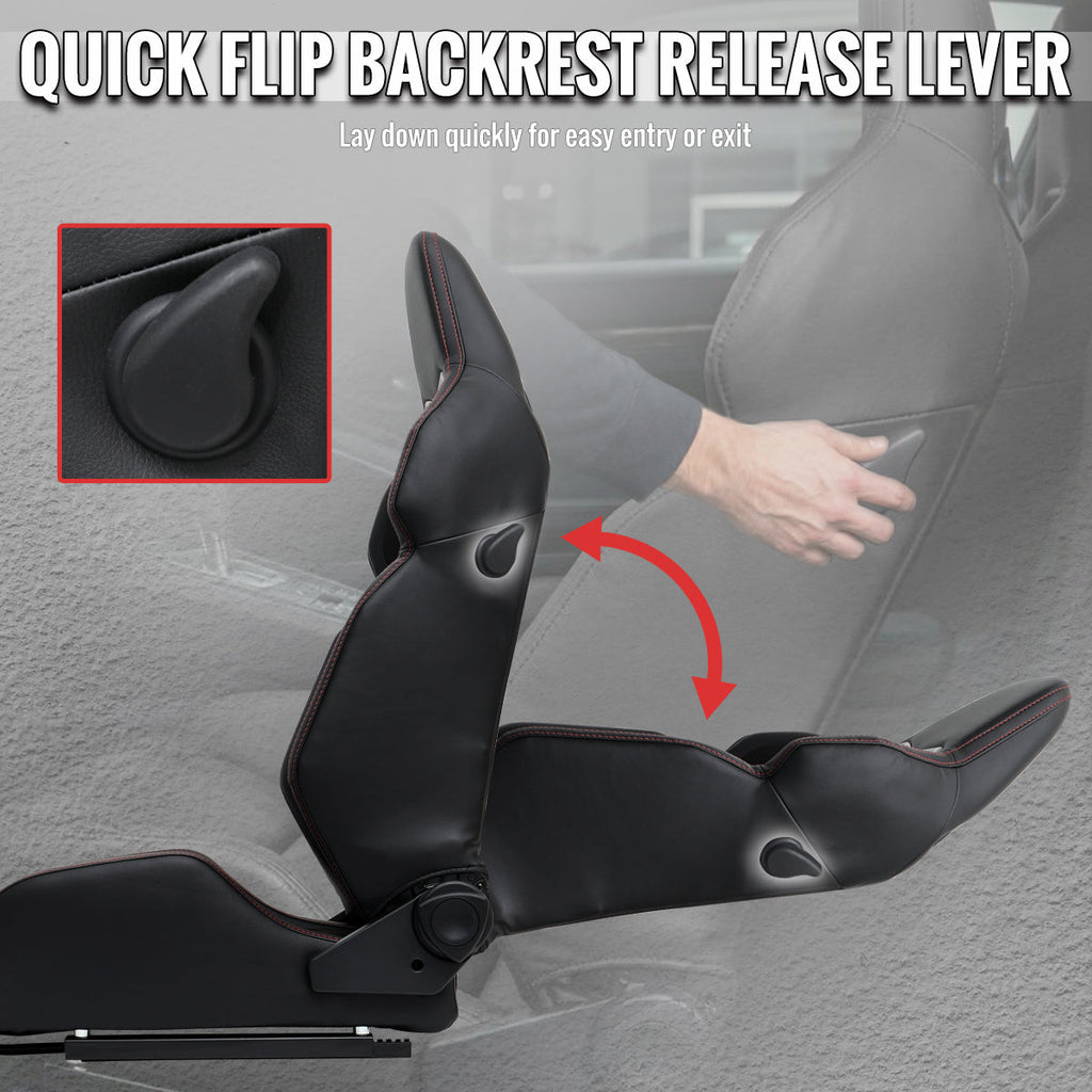 Universal Fully Reclinable Black PU Leather Suede Bucket Racing Seat w/ Sliders - Single Seat