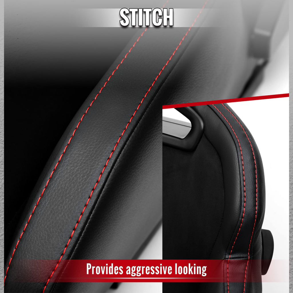 Universal Fully Reclinable Black PU Leather Suede Bucket Racing Seat w/ Sliders - Single Seat