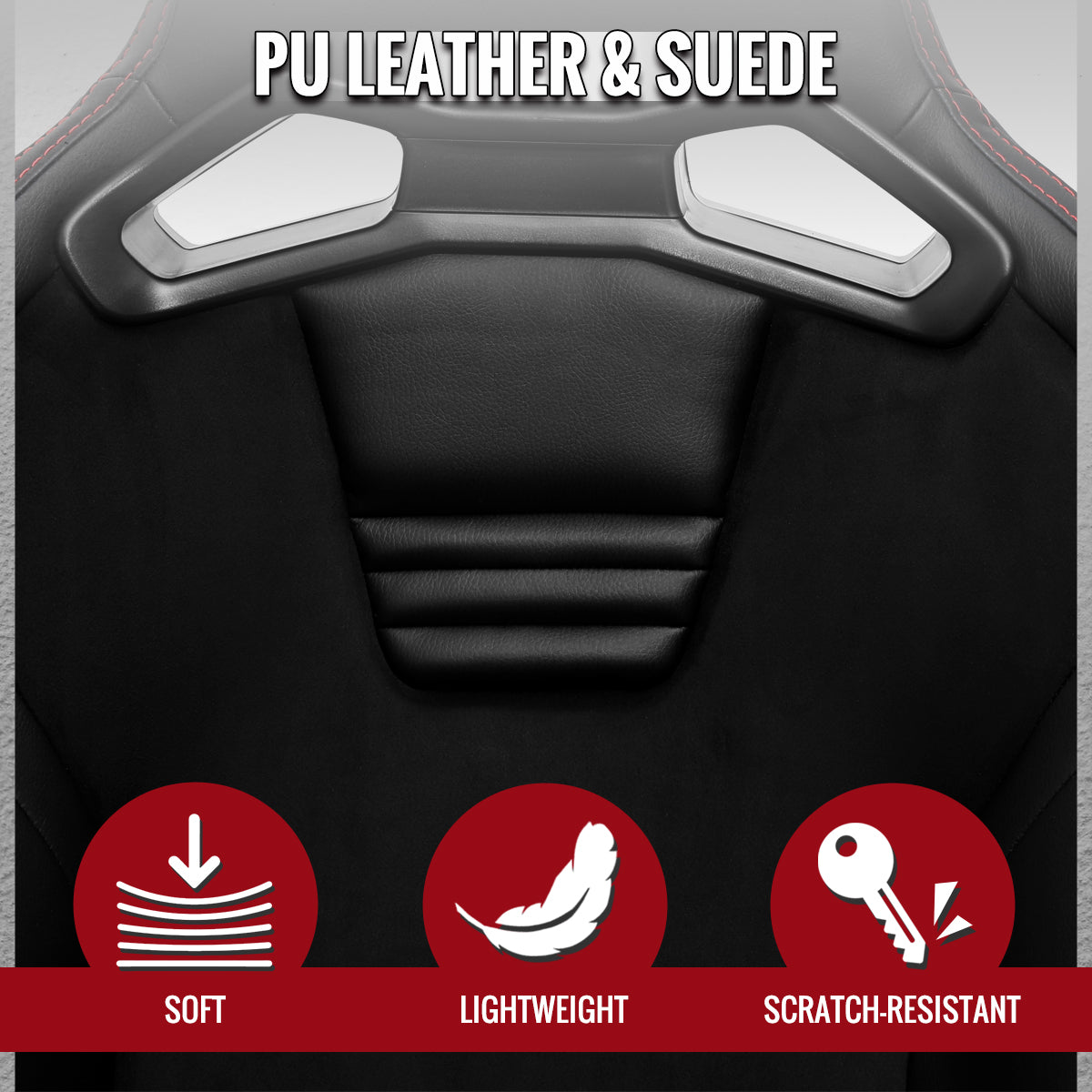 Universal Fully Reclinable Black PU Leather Suede Bucket Racing Seat w/ Sliders - Single Seat