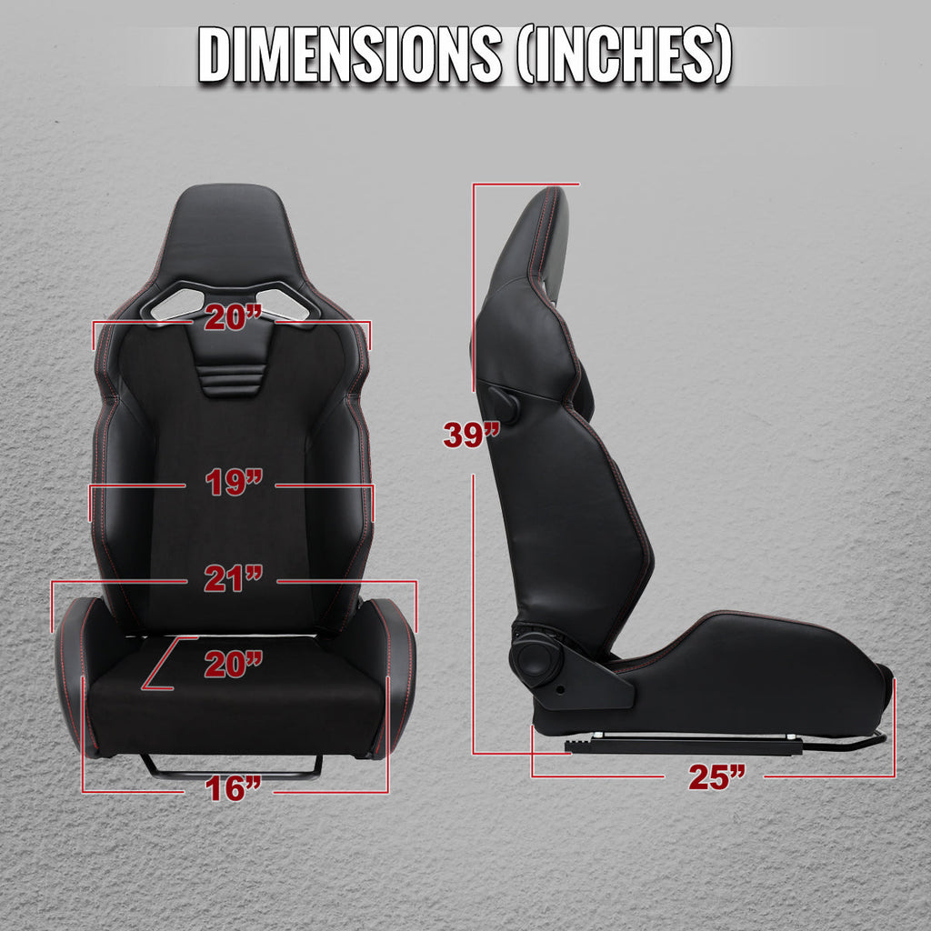 Universal Fully Reclinable Black PU Leather Suede Bucket Racing Seat w/ Sliders - Single Seat