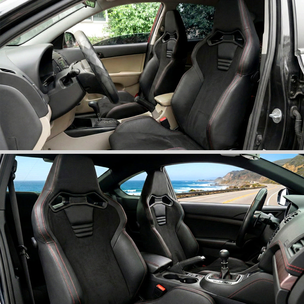 Universal Fully Reclinable Black PU Leather Suede Bucket Racing Seat w/ Sliders - Single Seat