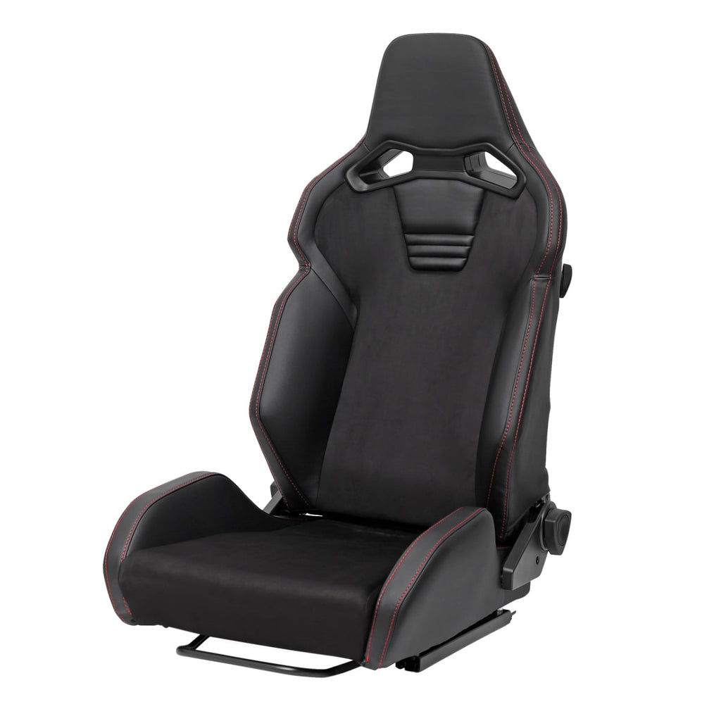Universal Fully Reclinable Black PU Leather Suede Bucket Racing Seat w/ Sliders - Single Seat