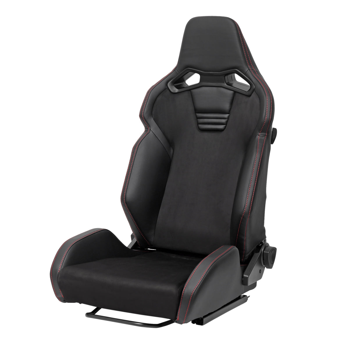 Universal Fully Reclinable Black PU Leather Suede Bucket Racing Seat w/ Sliders - Single Seat