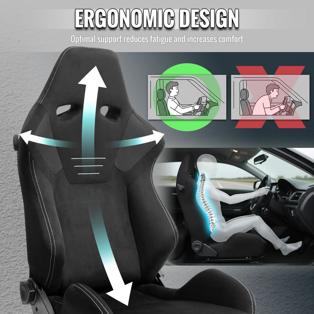 Universal Fully Reclinable Black Suede Silver Stitch High Bolster Bucket Racing Seat w/ Sliders - Single Seat