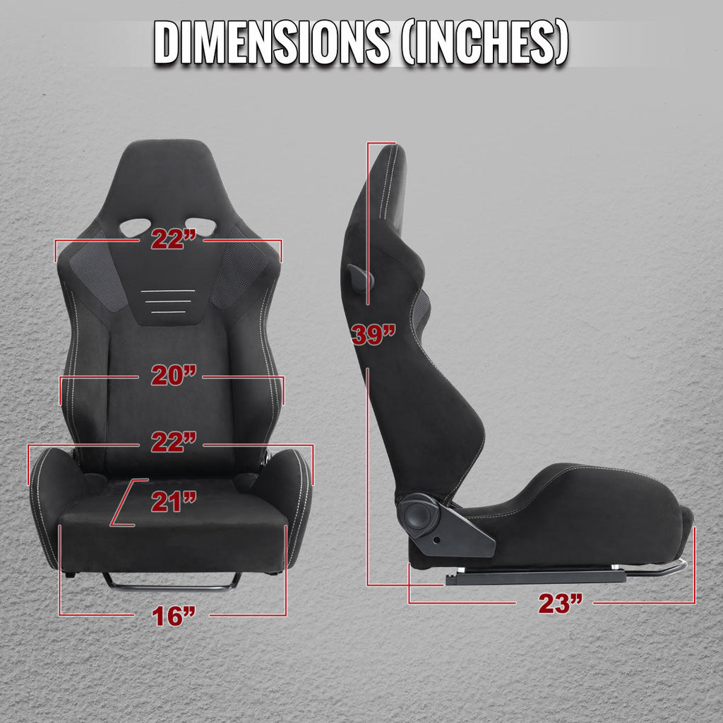 Universal Fully Reclinable Black Suede Silver Stitch High Bolster Bucket Racing Seat w/ Sliders - Single Seat