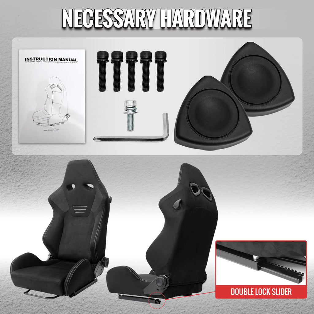 Universal Fully Reclinable Black Suede Silver Stitch High Bolster Bucket Racing Seat w/ Sliders - Single Seat