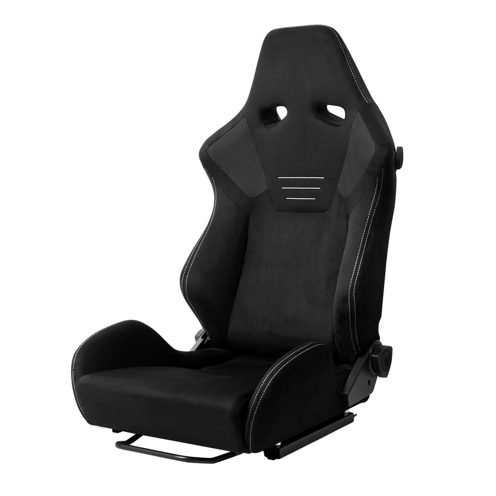 Universal Fully Reclinable Black Suede Silver Stitch High Bolster Bucket Racing Seat w/ Sliders - Single Seat