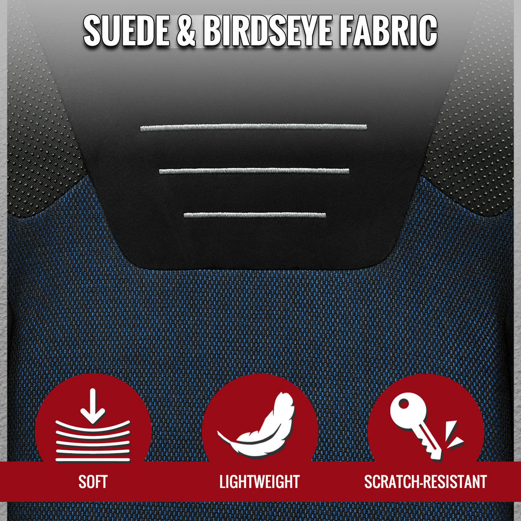 Universal Fully Reclinable Black Suede Blue Mesh High Bolster Bucket Racing Seat w/ Sliders - Single Seat