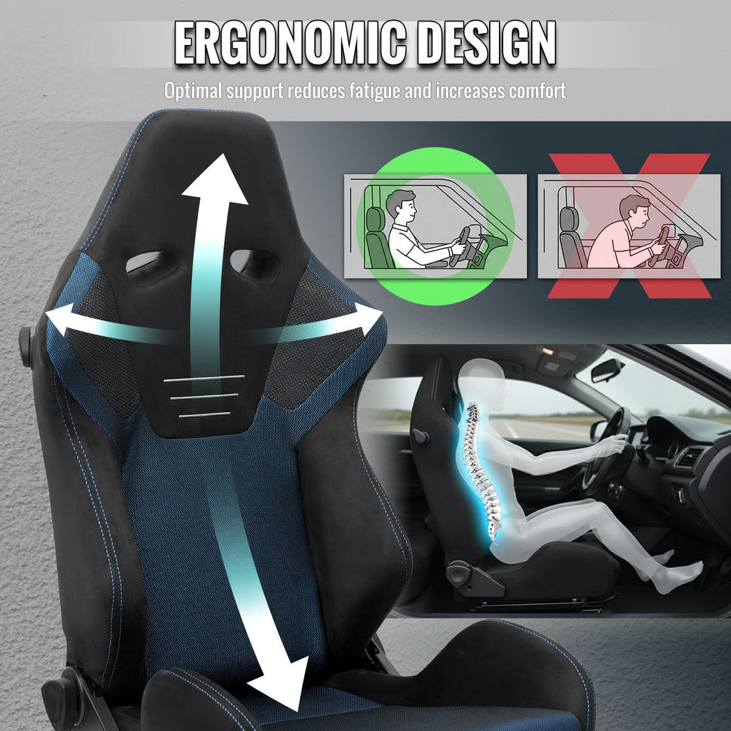 Universal Fully Reclinable Black Suede Blue Mesh High Bolster Bucket Racing Seat w/ Sliders - Single Seat
