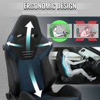 Universal Fully Reclinable Black Suede Blue Mesh High Bolster Bucket Racing Seat w/ Sliders - Single Seat