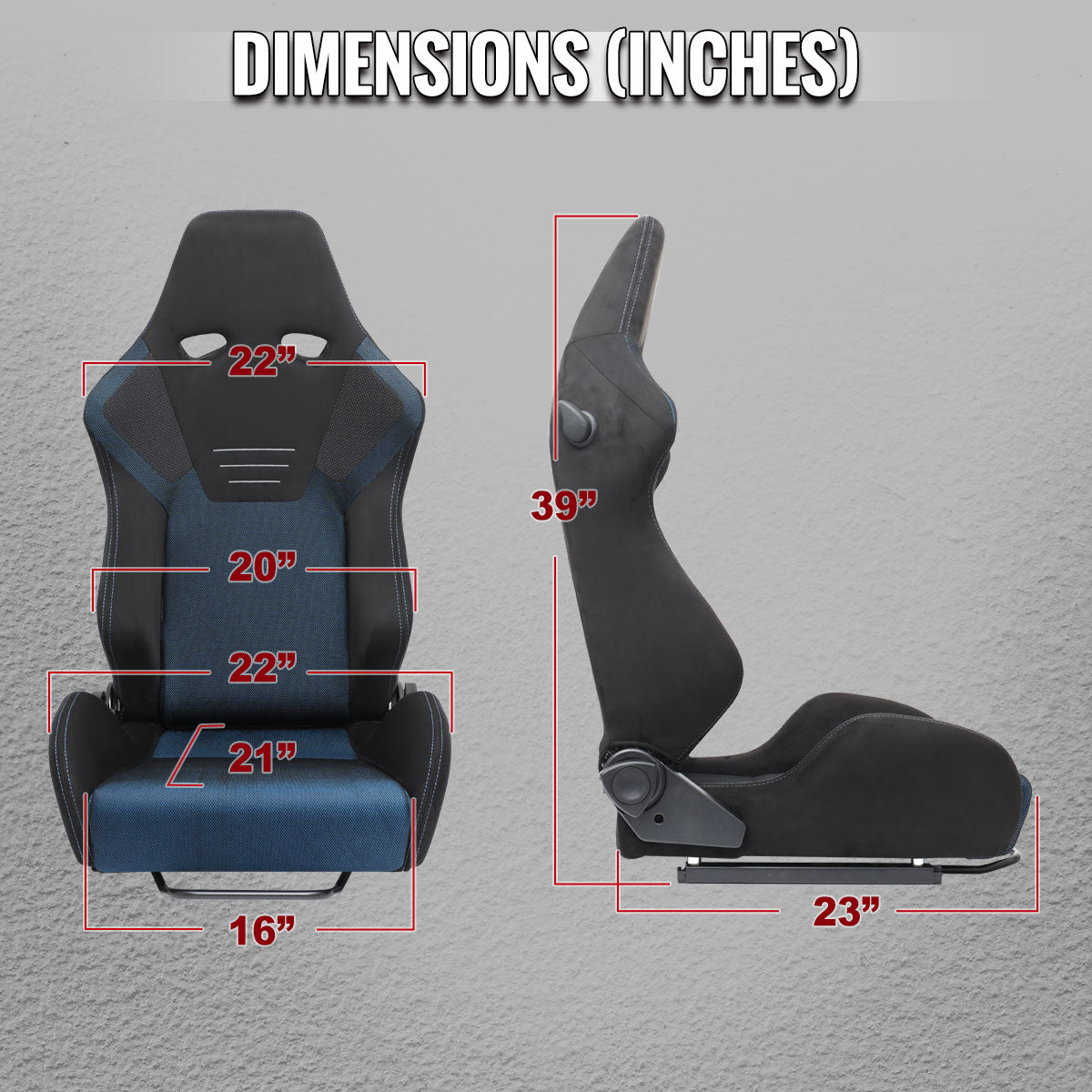 Universal Fully Reclinable Black Suede Blue Mesh High Bolster Bucket Racing Seat w/ Sliders - Single Seat